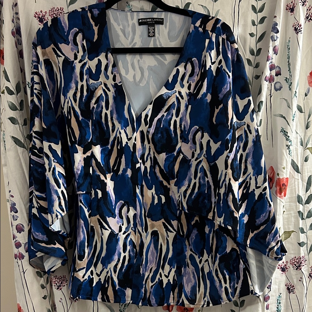 Adrienne Landau Flowy Blue and Cream Patterned Blouse